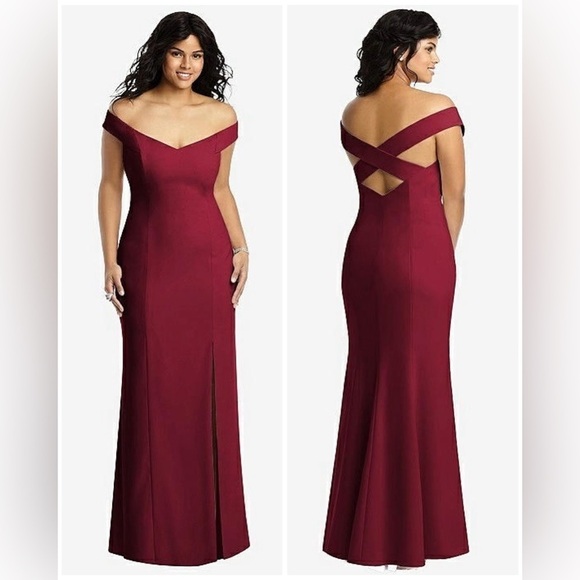 NWT Dessy Collection Off-the-Shoulder Criss Cross Back Trumpet Burgundy Gown 14R - Picture 4 of 16
